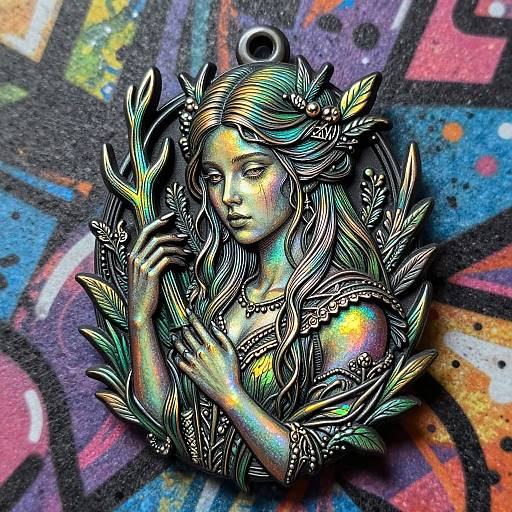 Vibrant, detailed, metallic art piece of a serene, fairy-like woman with flowing hair and leafy crown, set against colorful graffiti background.