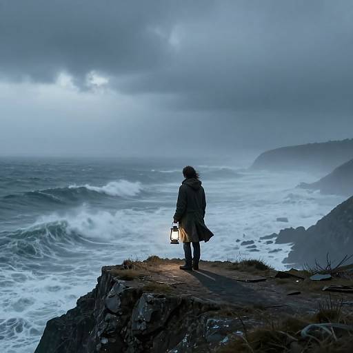Photograph: Silhouette of a person in a long coat holding a lantern, standing on a rocky cliff, gazing at stormy, turbulent ocean