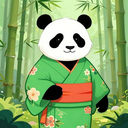 Cartoon panda in green floral kimono with red obi, standing in sunlit bamboo forest, smiling with black ears and eyes.