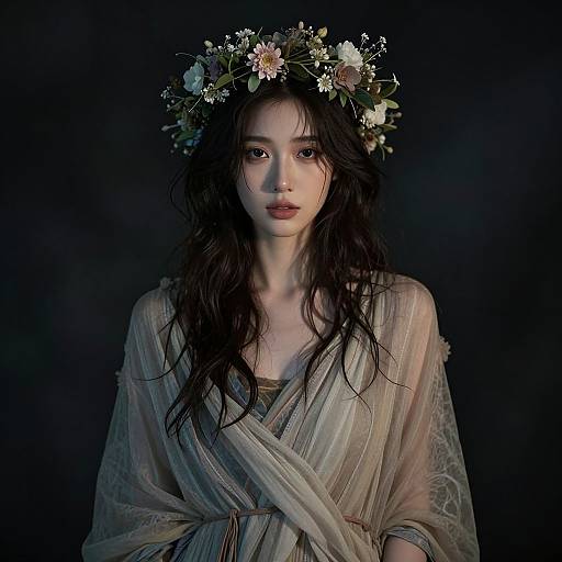 Photograph of a fair-skinned woman with long, wavy black hair, wearing a translucent, pastel-colored dress and a floral crown, against