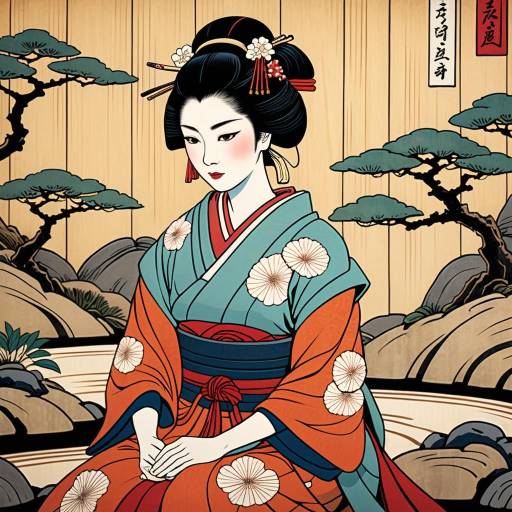 Sorrowful Geisha in Zen Garden Artwork