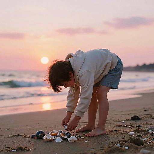 Photograph of a young boy with messy brown hair, in a beige hoodie and blue shorts, bending to pick up seashells on a sandy beach
