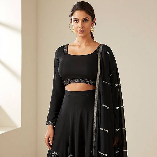 Photograph of a young woman with medium brown skin and dark hair in a ponytail, wearing a black crop top, high-waisted skirt,