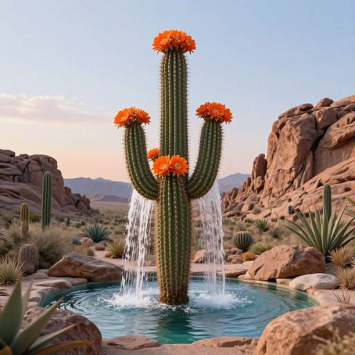 Surreal Desert Cactus Waterfall Oasis
