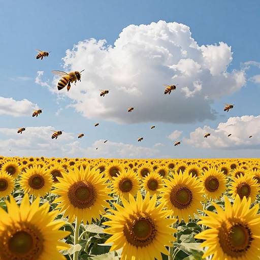 Photograph of vibrant sunflower field under bright blue sky with fluffy white clouds, numerous buzzing bees, and vivid yellow sunflowers.