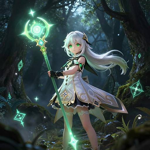 Digital anime-style drawing of a white-haired, green-eyed magical girl in a forest, holding a glowing staff, surrounded by glowing green symbols.