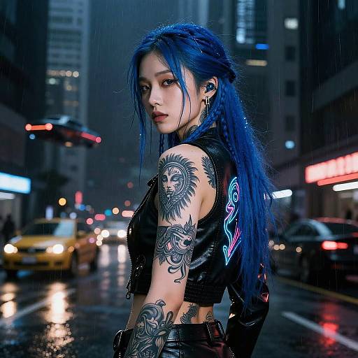 Cyberpunk photograph of a tattooed woman with long blue hair, black leather top, and neon sleeve, standing in a rainy city street with neon