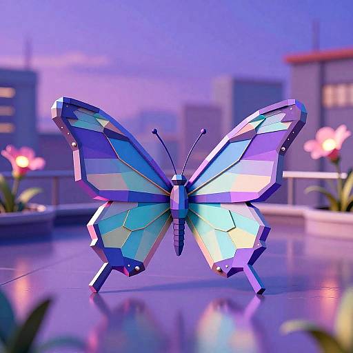 Neon Low-Poly Butterfly on Rooftop