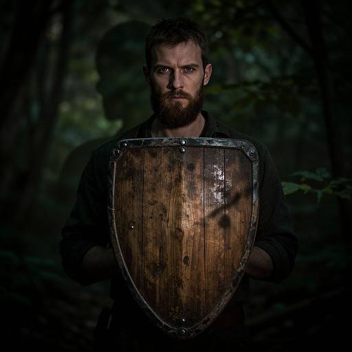 Photograph of a bearded man with intense gaze, holding a wooden shield, standing in a dark, forested background. Moody, dramatic lighting.