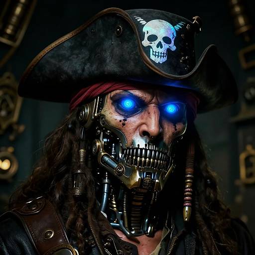 Photorealistic digital portrait of a cybernetic pirate with glowing blue eyes, skeletal skull hat, mechanical face, and dark, rugged attire.