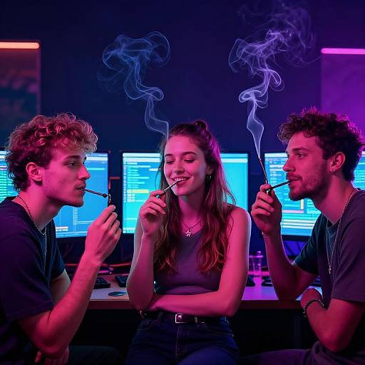 Photograph of three young people smoking cigarettes in a neon-lit, cyberpunk-style room with glowing computer screens in the background.