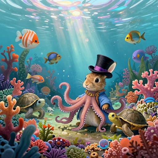 Digital artwork of an anthropomorphic rabbit in a top hat and blue coat, surrounded by colorful coral, fish, and sea creatures underwater.