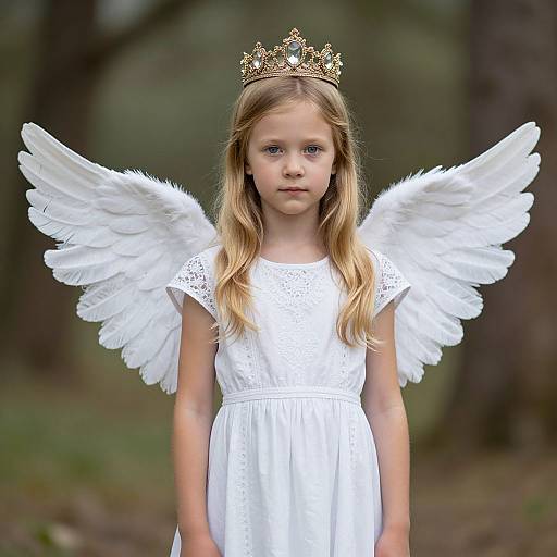 Photograph of a blonde young girl with fair skin, wearing a white dress, gold crown, and large white angel wings, standing in a forest.