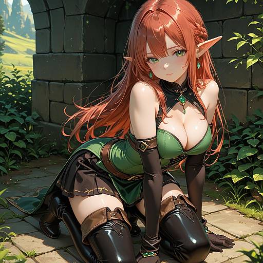 Kneeling Elf Girl in Fantasy Outfit