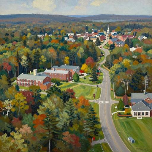 Aerial painting of a small, colorful autumn town with red-brick buildings, lush green lawns, and a winding road through vibrant, multi-colored