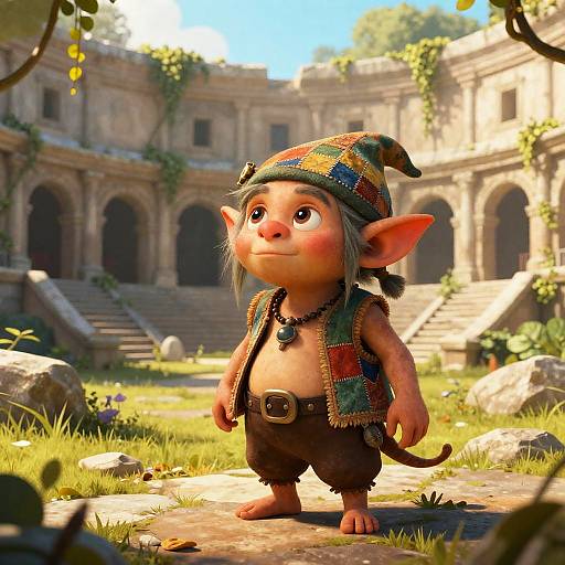 Whimsical Goblin Bard in Ancient Amphitheater