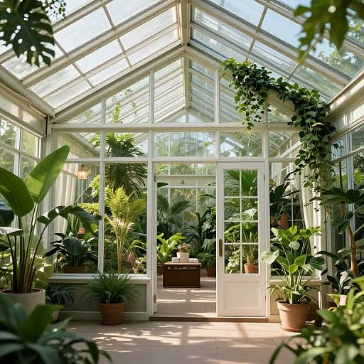 Photograph of a sunlit greenhouse with a glass-paneled roof, filled with various lush, green potted plants, and a central wooden table.