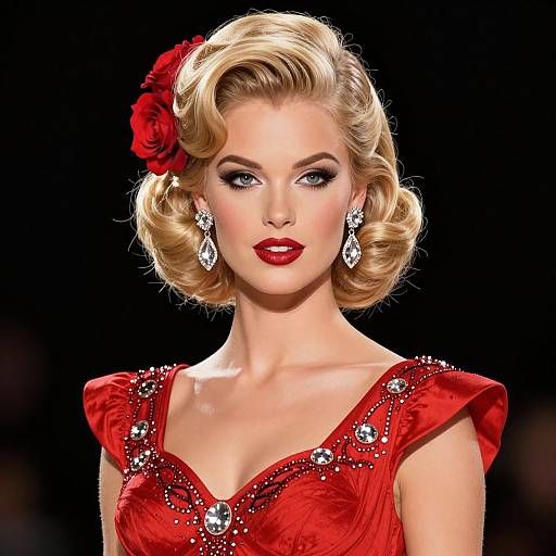 Digital illustration of a glamorous blonde woman with vintage curls, red rose hair accessory, red dress with silver embellishments, and sparkling earrings, set against a