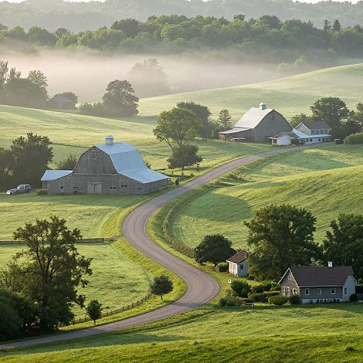 Photograph of a serene countryside: winding road leads to a large barn with a silver roof, surrounded by lush green fields, smaller houses, and trees