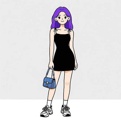 Digital drawing of a young woman with purple hair, wearing a black sleeveless dress, holding a blue purse, and black sneakers. White background.