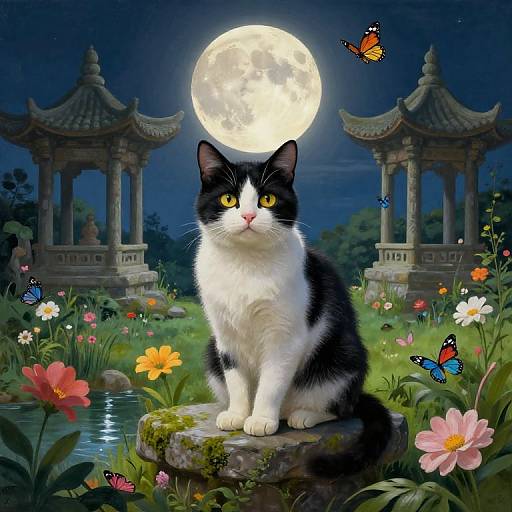 Digital illustration of a black-and-white cat with yellow eyes sitting on a mossy rock under a full moon, surrounded by colorful butterflies and vibrant flowers,