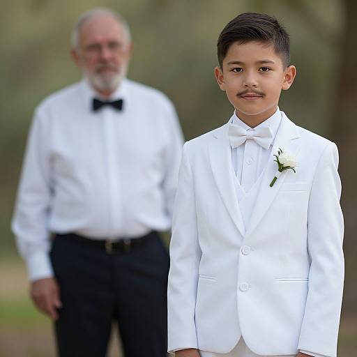 Photograph of a young Asian boy in a white suit with a bow tie, standing in front of an older white-haired man in a white shirt and