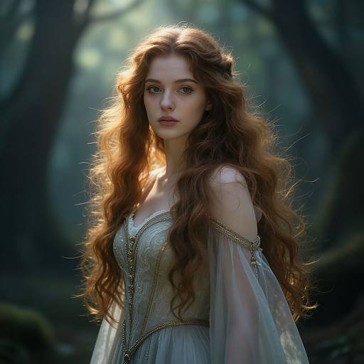 Digital art of a fair-skinned, long-haired redheaded woman with wavy hair, wearing a sheer, silver off-shoulder gown, standing