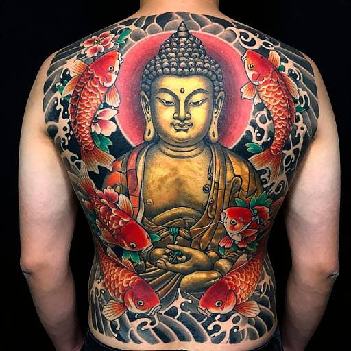 Tattooed back of a person featuring a golden Buddha surrounded by vibrant red koi fish and swirling waves in traditional Japanese style.