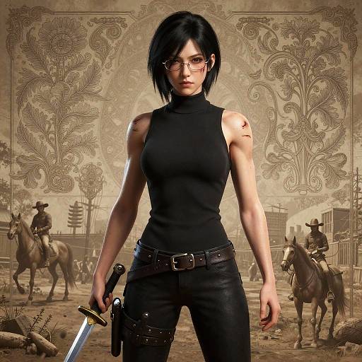 Scarred Woman with Sword in Detailed Urban Setting