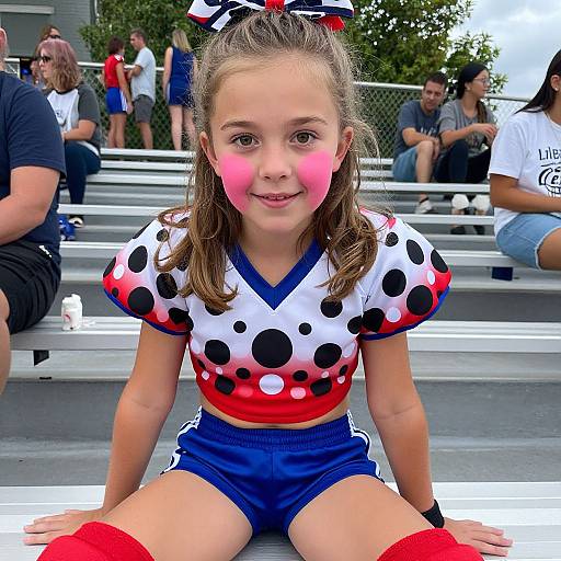 Photograph of a young girl with pink face paint, wearing a white, red, and black polka dot cheerleading outfit, sitting on bleachers