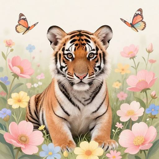 Digital illustration of a cute, young tiger with orange and black stripes, surrounded by colorful flowers and two butterflies, standing in a vibrant, flower-filled me