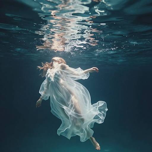 Photograph of a woman underwater, wearing a flowing white dress, surrounded by dark blue water, with sunlight reflections above.