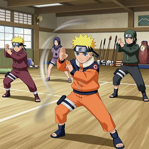 Digital anime-style drawing of four ninja training in a wooden dojo, with two foreground ninjas in orange and two in dark attire, performing swift movements.