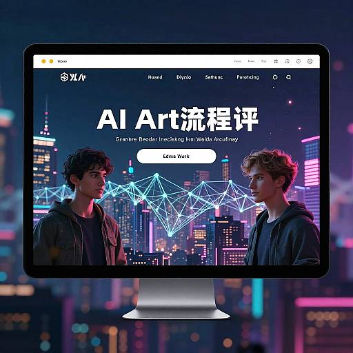 Digital poster of a TV show website with neon cityscape, featuring two young men in hoodies facing each other, glowing geometric lines between them, and