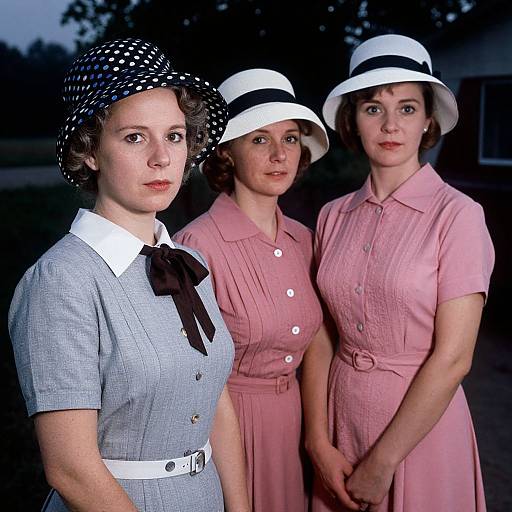 Photograph of three women in 1950s-style dresses, wearing white and black hats, standing outdoors at dusk; two in pink, one in
