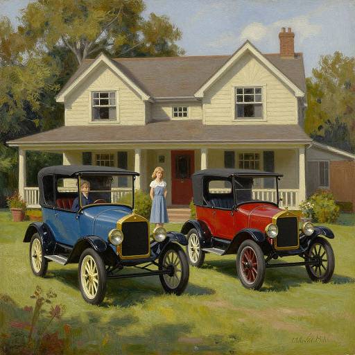 Oil painting of a blonde girl in a blue dress standing between two vintage cars, a blue and a red, in front of a white two-story house