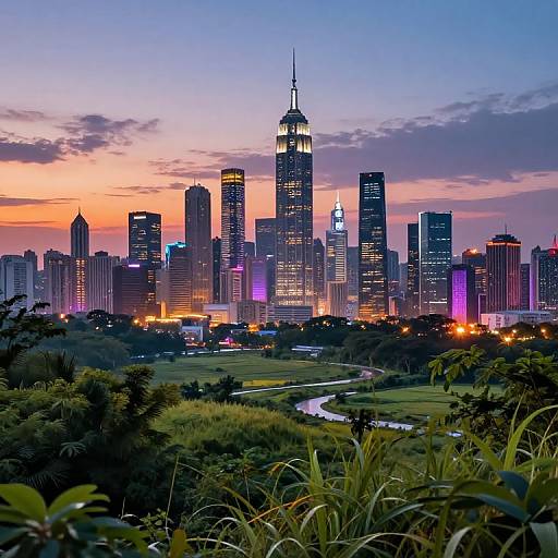 Photograph of Chicago skyline at sunset, featuring illuminated skyscrapers, vibrant orange and purple sky, and a green park with a winding river in the