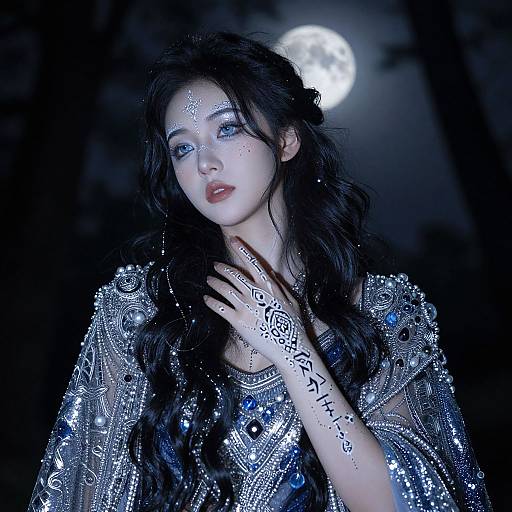 Photograph-style digital art of a pale-skinned, dark-haired woman with intricate silver jewelry and henna tattoos, gazing at a full moon in