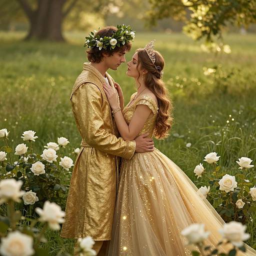 Photograph of a couple in golden outfits, wearing flower crowns and tiaras, standing in a sunlit meadow with white roses, gazing