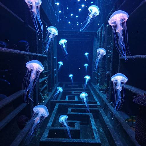 Photograph of a dark, blue-lit aquarium with glowing, translucent jellyfish floating above a maze-like floor, surrounded by metal grids.