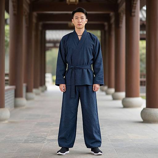 Photograph of an Asian man in a black martial arts gi, standing in a traditional wooden corridor with columns.