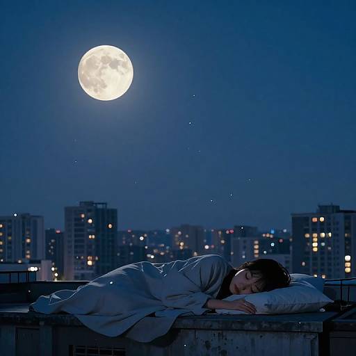 Photograph of a sleeping man under a blanket on a rooftop, illuminated by a bright full moon, with city buildings in the background.