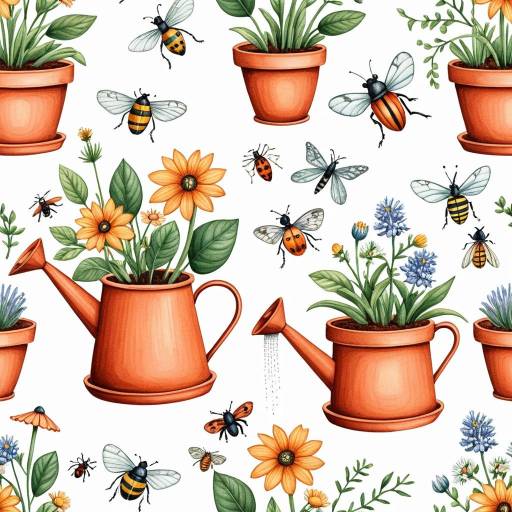 Whimsical Garden Insects with Terracotta Pots and Watering Cans