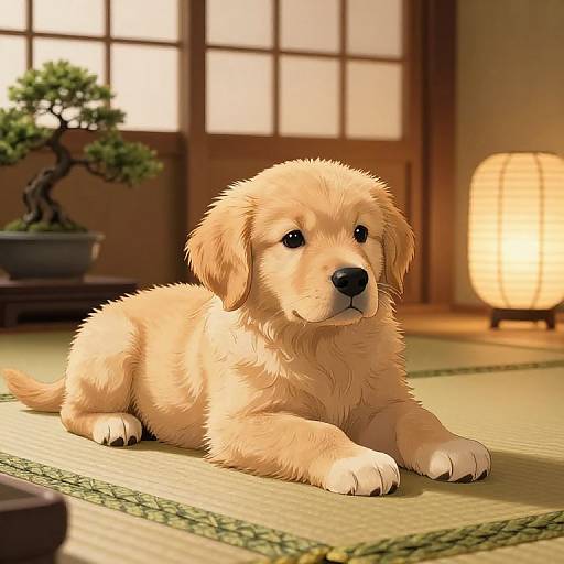 Digital illustration of a golden retriever puppy lying on a tatami mat, with a glowing paper lantern and potted bonsai in the warm, traditional