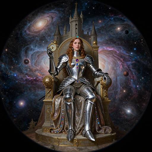 Photograph-style digital artwork of a woman with long red hair in silver armor, sitting on a throne in a cosmic galaxy, holding a golden orb.