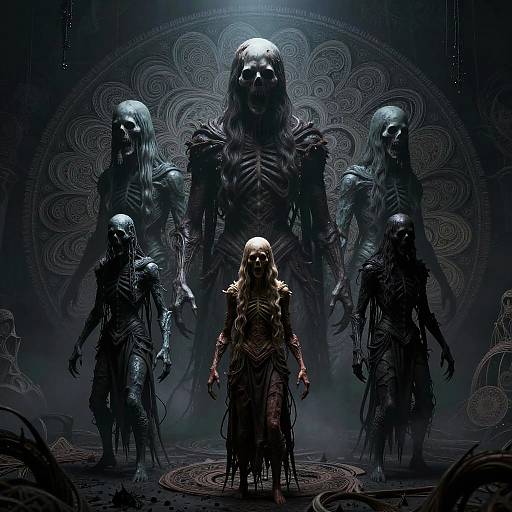 Eerie Skeletal Horror Figures with Mandala Background