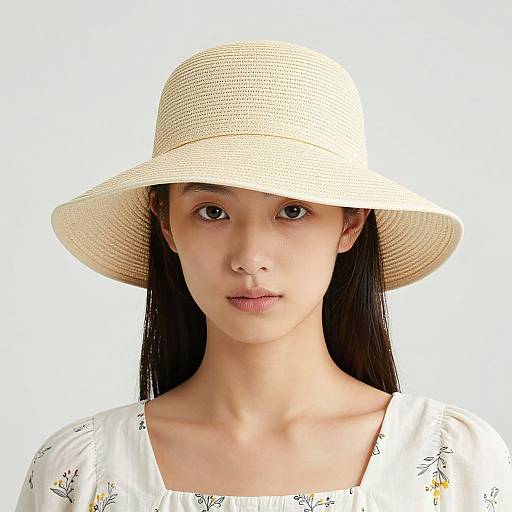 Photograph of an Asian woman with fair skin, straight black hair, wearing a white floral blouse and large beige straw hat, against a plain white background