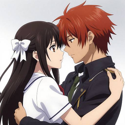 Anime-style digital drawing of a black-haired girl with a white bow and a red-haired boy in a navy uniform, facing each other closely, holding hands