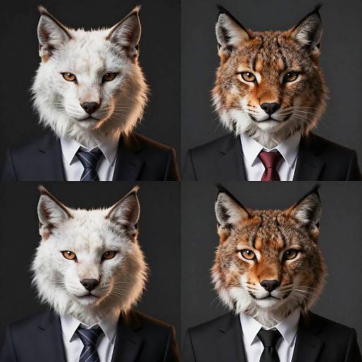 Photograph collage of four anthropomorphic feline faces, each wearing a black suit and tie, with varying fur colors and expressions, against a dark background
