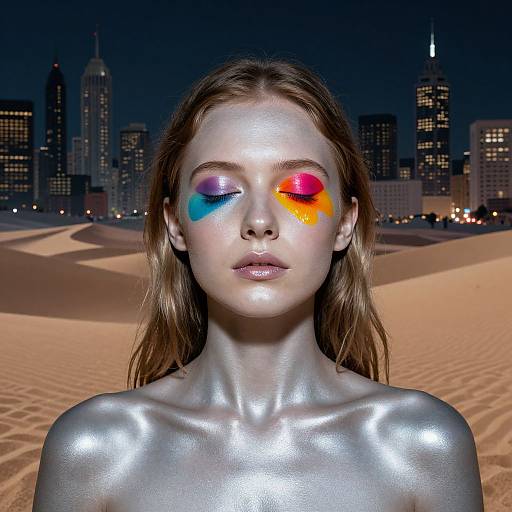 Photograph of a glowing, silver-skinned woman with colorful eye paint (blue, pink, orange) against a nighttime cityscape and desert sand d